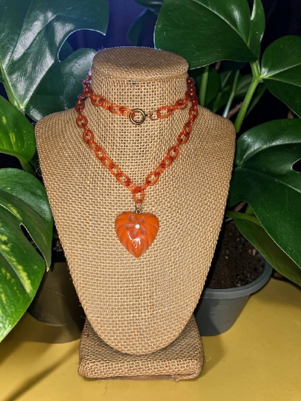 Very Vintage 1930s Carved Butterscotch Heart Pendant Necklace